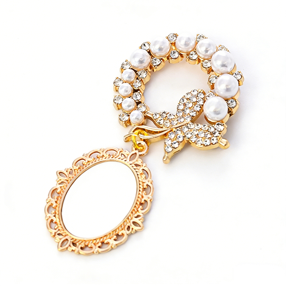 Elegant Pearl & Butterfly Sublimation Blank Brooch - Custom Photo Memorial Badge (Round/Oval Shapes) Heat Transfer Pin Jewelry