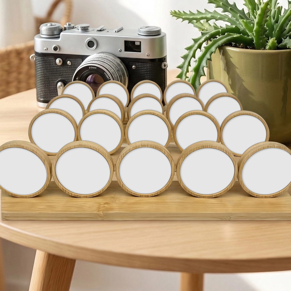 5in1 Round Bamboo Sublimation Photo Frame Tabletop Decor Custom Printable Family Memory Display Gift