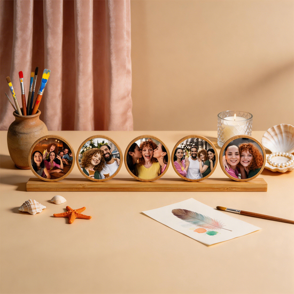 5in1 Round Bamboo Sublimation Photo Frame Tabletop Decor Custom Printable Family Memory Display Gift