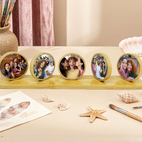 5in1 Round Bamboo Sublimation Photo Frame Tabletop Decor Custom Printable Family Memory Display Gift
