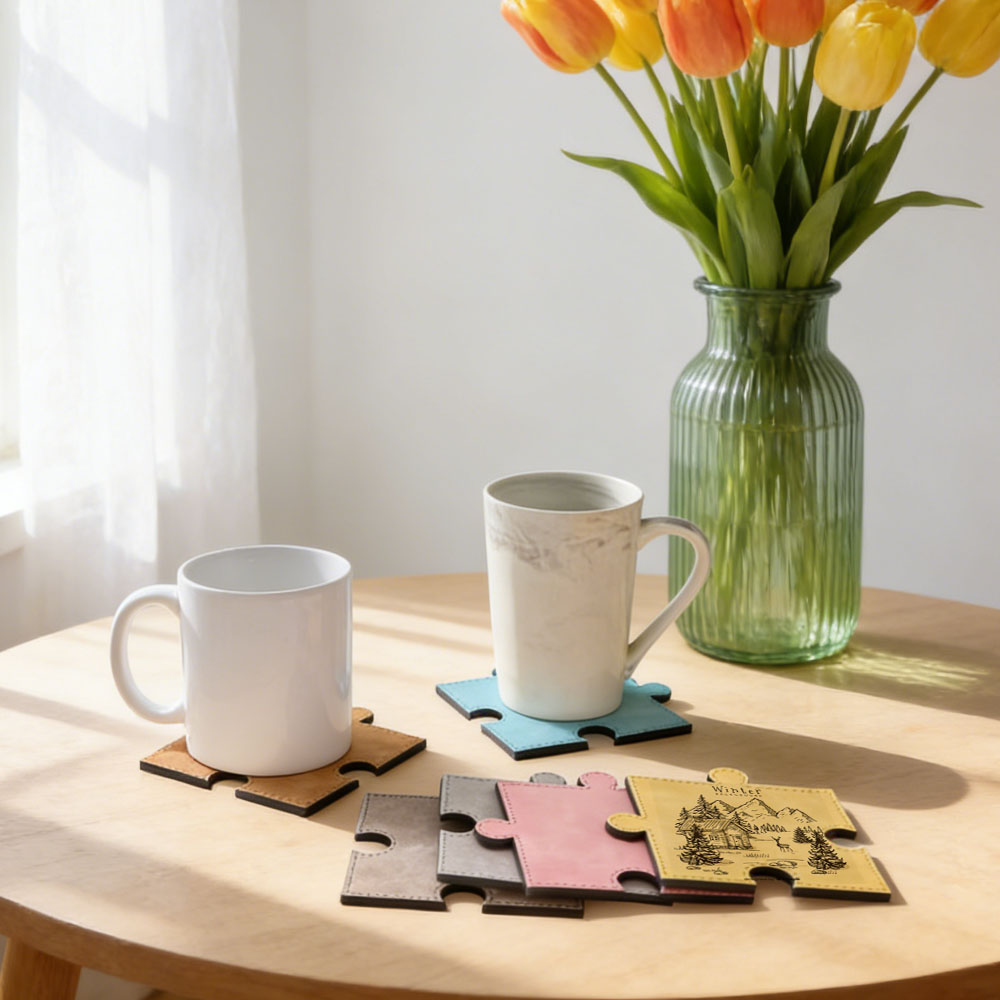 Sublimation Blank PU Leather Puzzle Coaster Set Factory Direct Custom Printable Heat Insulation Mat Bulk Supply