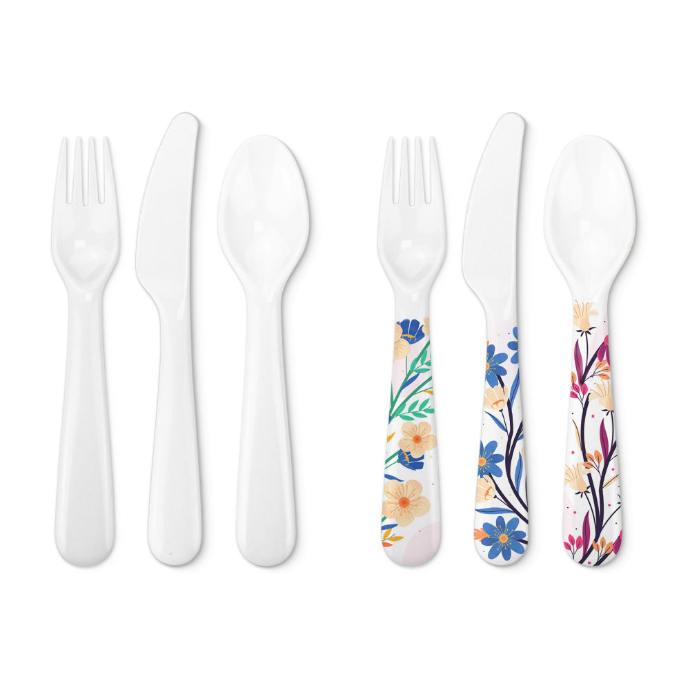 Sublimation Blank Colorful Kids Tableware Set Polymer Fork Knife Spoon with Custom Heat Press Mold Wholesale Bulk