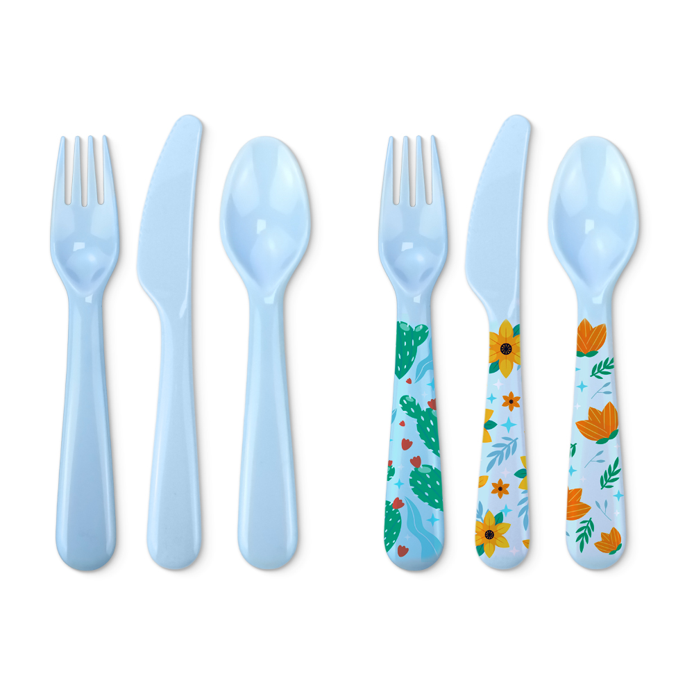 Sublimation Blank Colorful Kids Tableware Set Polymer Fork Knife Spoon with Custom Heat Press Mold Wholesale Bulk