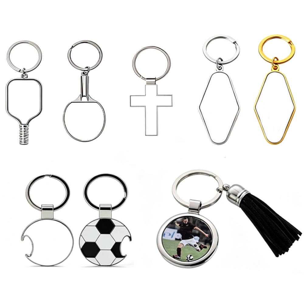 6 Styles Sublimation Blank Metal Keychain Bulk Supply Zinc Alloy Keyring with Aluminum Insert Table Tennis Pickleball Football Cross Rhombus Pendant