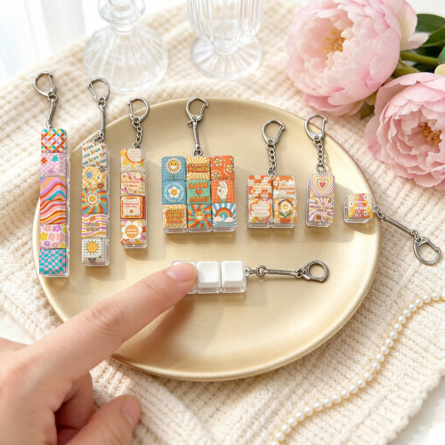 Sublimation Blank Stress Relief Push Button Keychain LED Light Up Keycaps Keyring 3 Designs Regular & Glowing Version for Personalized Gift DIY Craft