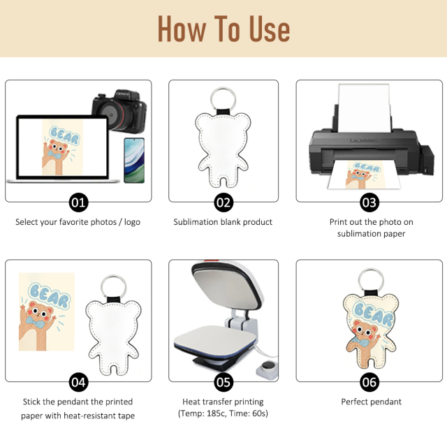 Sublimation Blank PU &Polyester Keychains & Bear Shape Pendants Custom DIY Bear Key Rings | For Single-sided Printing & Double-sided Printing Options