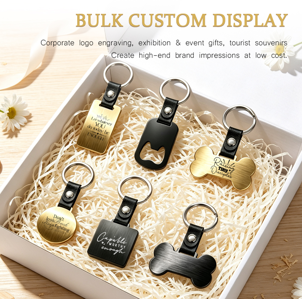 Laser Engraved Style Stainless Steel Keychains Series | 5 Shapes & 2 Colors (Gold & Black) Options | Non-Sublimation Metal Key Rings for Gifts & Promotions
