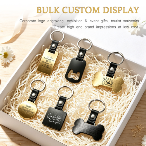 Laser Engraved Style Stainless Steel Keychains Series | 5 Shapes & 2 Colors (Gold & Black) Options | Non-Sublimation Metal Key Rings for Gifts & Promotions