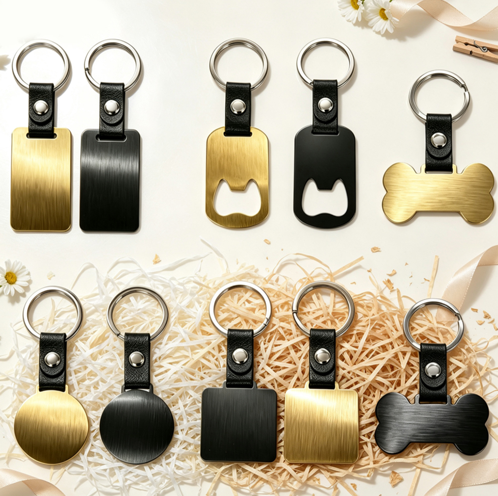 Laser Engraved Style Stainless Steel Keychains Series | 5 Shapes & 2 Colors (Gold & Black) Options | Non-Sublimation Metal Key Rings for Gifts & Promotions