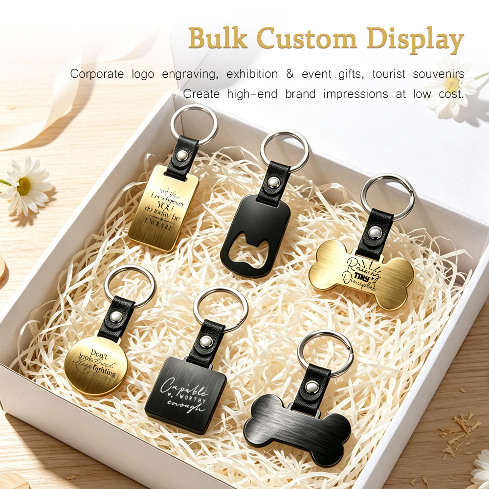 Laser Engraved Style Stainless Steel Keychains Series | 5 Shapes & 2 Colors (Gold & Black) Options | Non-Sublimation Metal Key Rings for Gifts & Promotions