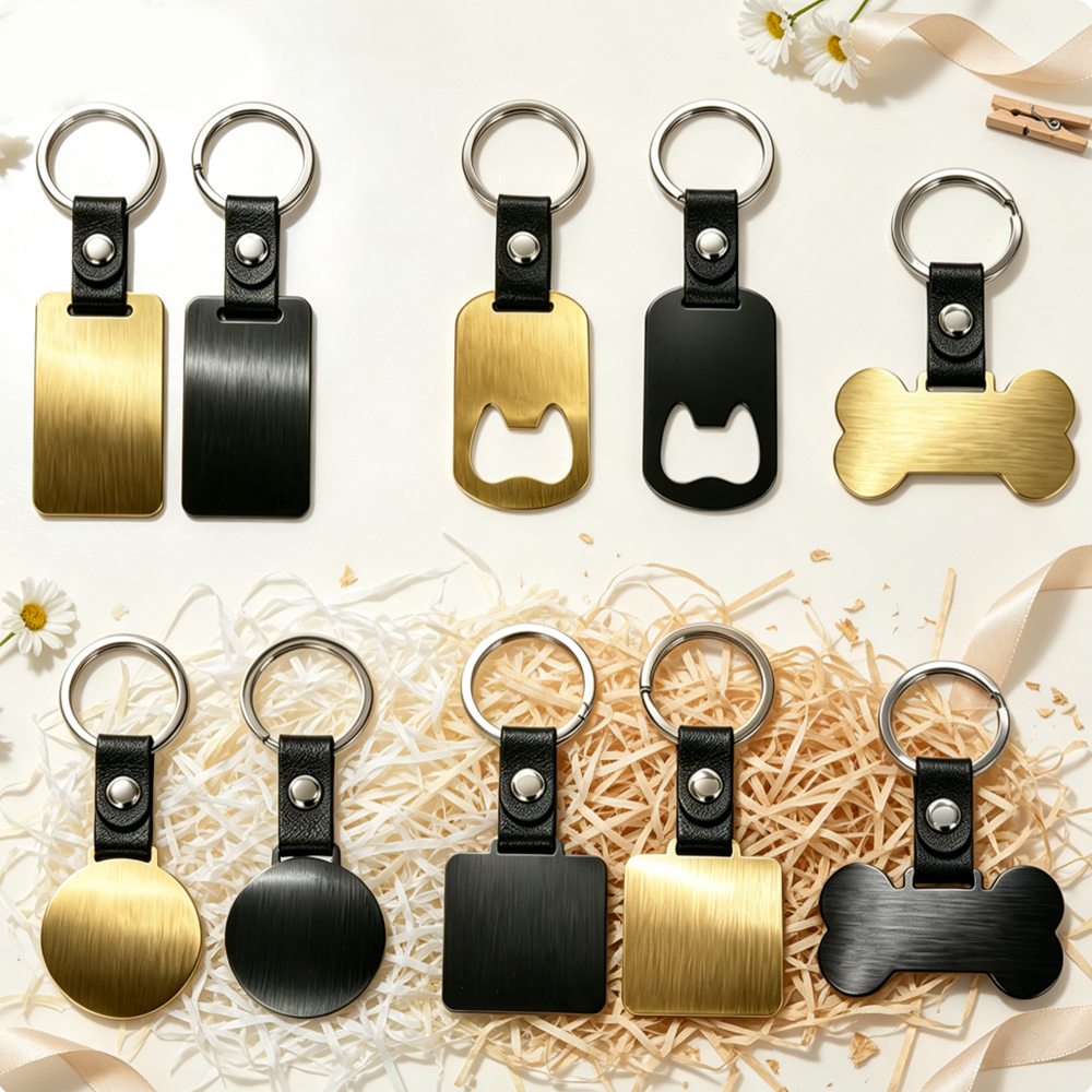 Laser Engraved Style Stainless Steel Keychains Series | 5 Shapes & 2 Colors (Gold & Black) Options | Non-Sublimation Metal Key Rings for Gifts & Promotions