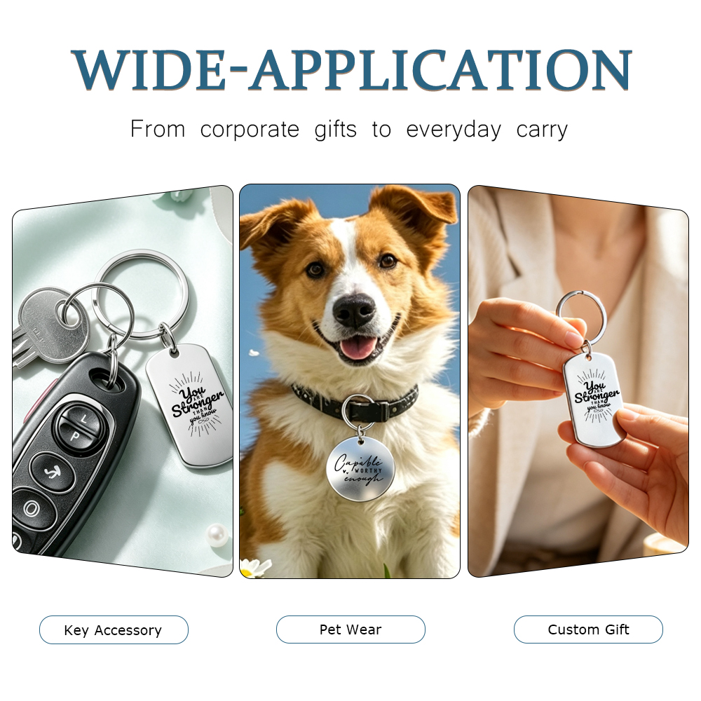 NOVELSUB Laser Engraving Blank Metal Silver Keychain Series | Laser Engrable Blank Stainless Steel Dog Tags & Keychain Pendants |  5 Styles Available Versatile Multi-Function Keychains