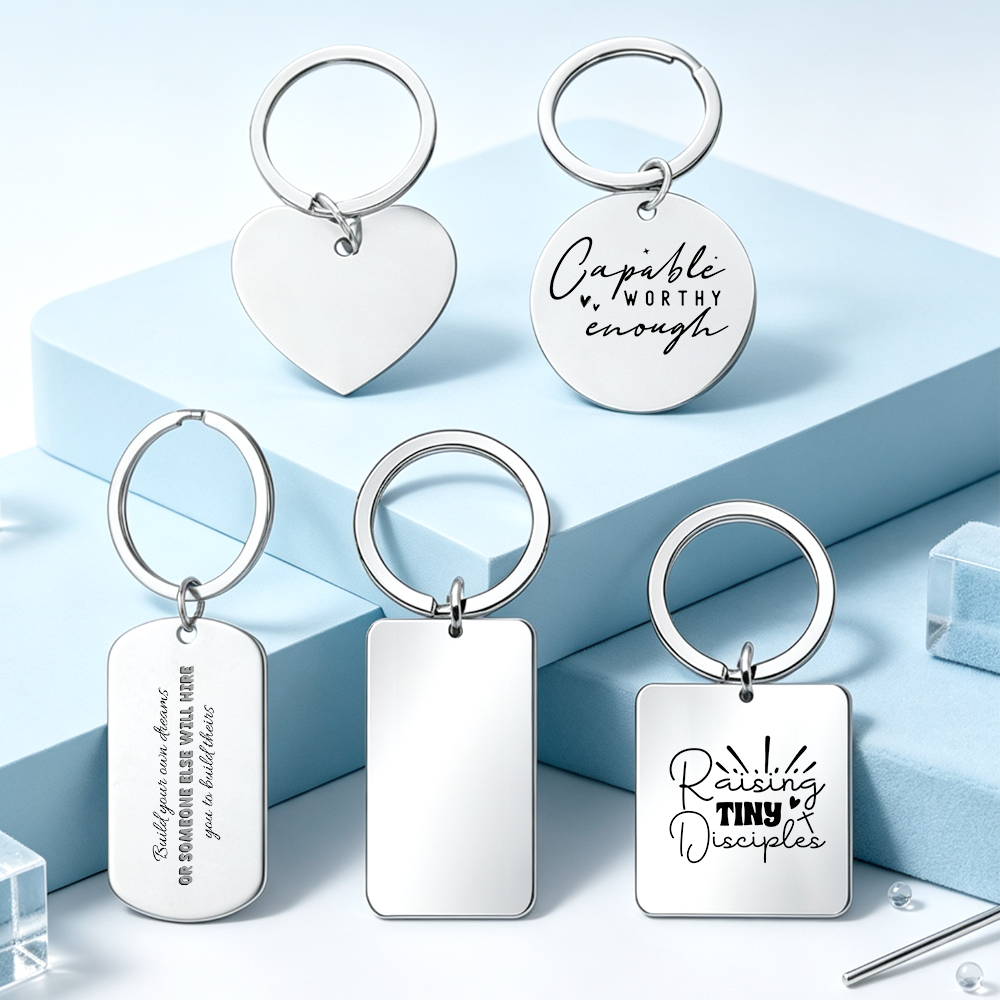 NOVELSUB Laser Engraving Blank Metal Silver Keychain Series | Laser Engrable Blank Stainless Steel Dog Tags & Keychain Pendants |  5 Styles Available Versatile Multi-Function Keychains