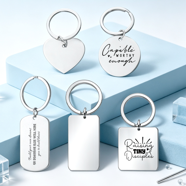 NOVELSUB Laser Engraving Blank Metal Silver Keychain Series | Laser Engrable Blank Stainless Steel Dog Tags & Keychain Pendants |  5 Styles Available Versatile Multi-Function Keychains
