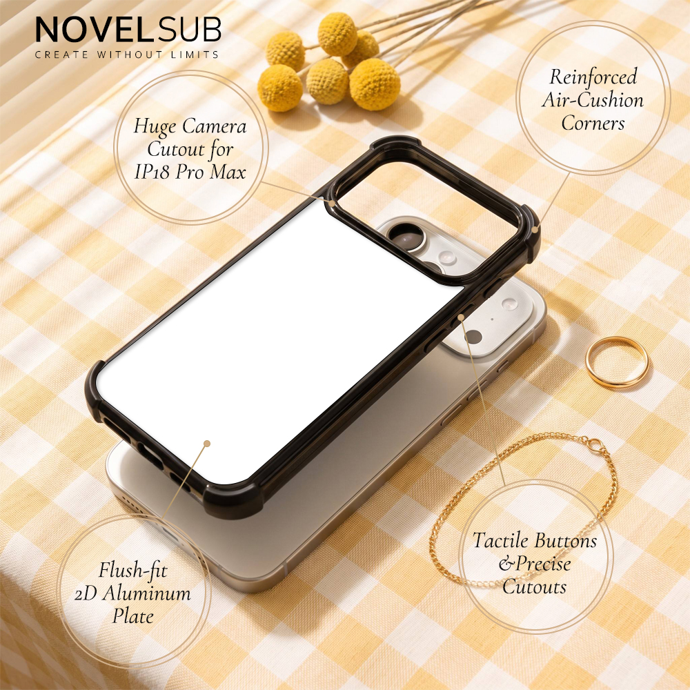 NOVELSUB Sublimation Blank 2D TPU 4 Corners Phone Cases for IPone  6 - 17 Series | Custom DIY Phone Covers TPU+PC+Aluminum Sheet Insert