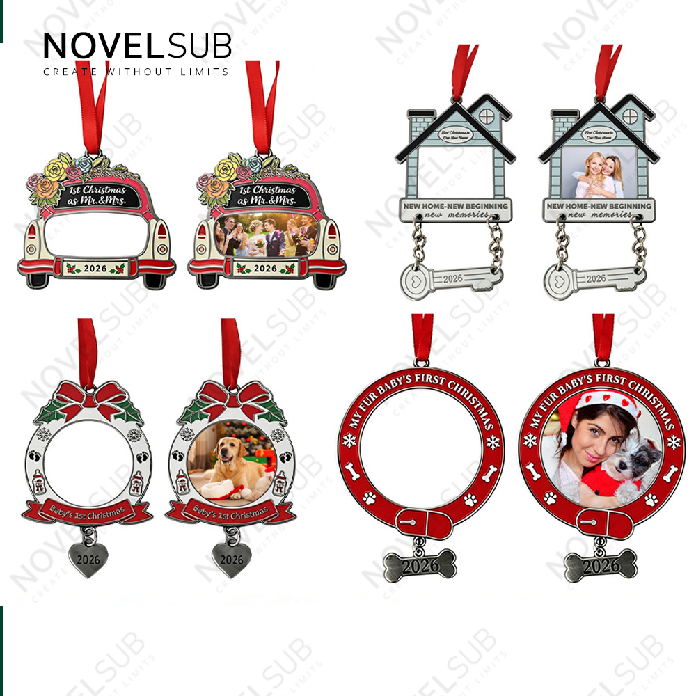 NOVELSUB New Style Sublimation Blank Metal Christmas Ornaments 4 Shapes | Custom Xmas Pendants Zinc Alloy Frame with Aluminum Insert for Heat Transfer DIY