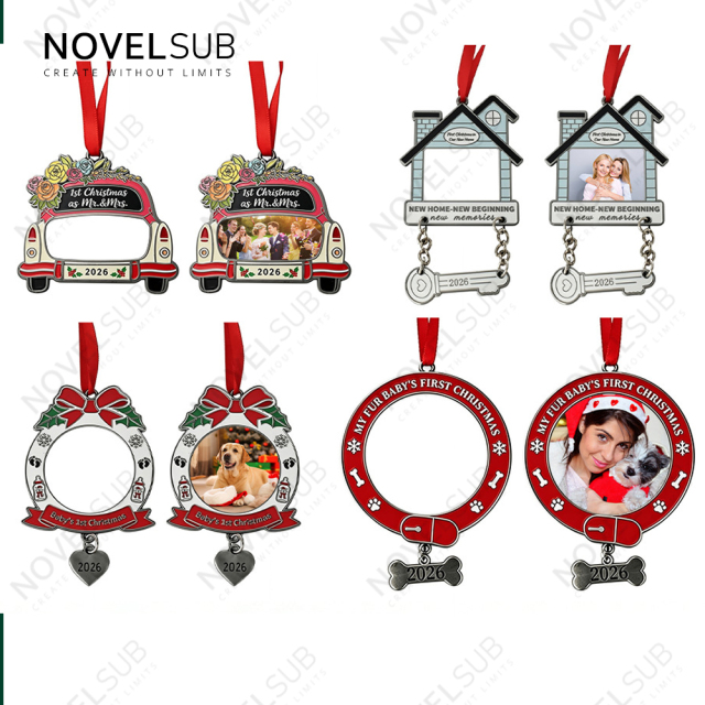 NOVELSUB New Style Sublimation Blank Metal Christmas Ornaments 4 Shapes | Custom Xmas Pendants Zinc Alloy Frame with Aluminum Insert for Heat Transfer DIY