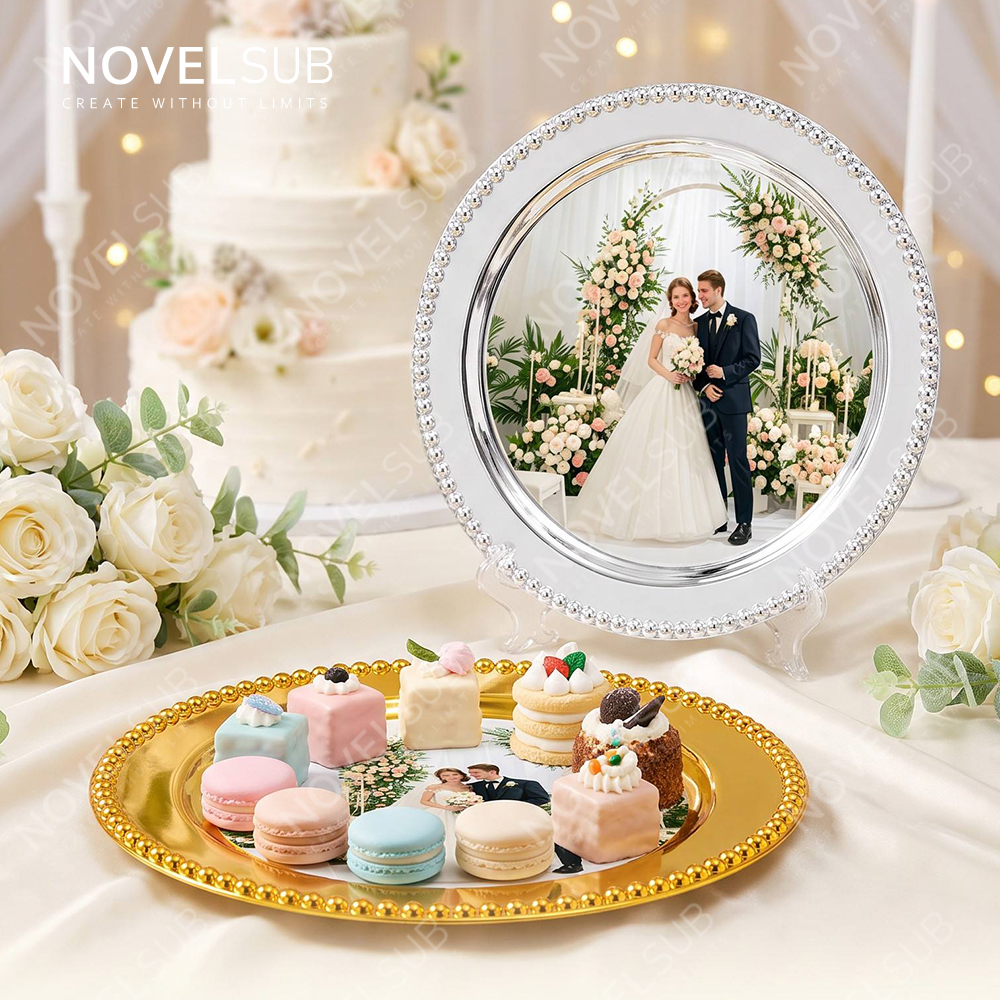 NOVELSUB Sublimation Blank Wedding Fruit Tray & Home Decor Metal Serving Platter - Silver/Gold | Customizable Heat Transfer Round Metal Plate for DIY Gifts & Party Decoration