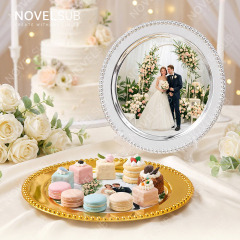 NOVELSUB Sublimation Blank Wedding Fruit Tray & Home Decor Metal Serving Platter - Silver/Gold | Customizable Heat Transfer Round Metal Plate for DIY Gifts & Party Decoration