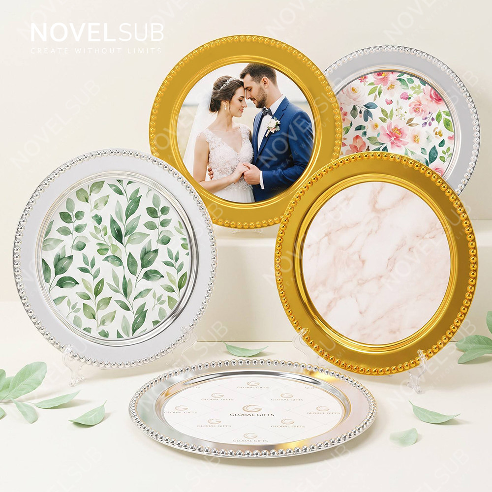 NOVELSUB Sublimation Blank Wedding Fruit Tray & Home Decor Metal Serving Platter - Silver/Gold | Customizable Heat Transfer Round Metal Plate for DIY Gifts & Party Decoration