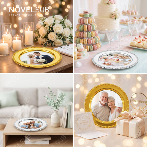 NOVELSUB Sublimation Blank Wedding Fruit Tray & Home Decor Metal Serving Platter - Silver/Gold | Customizable Heat Transfer Round Metal Plate for DIY Gifts & Party Decoration