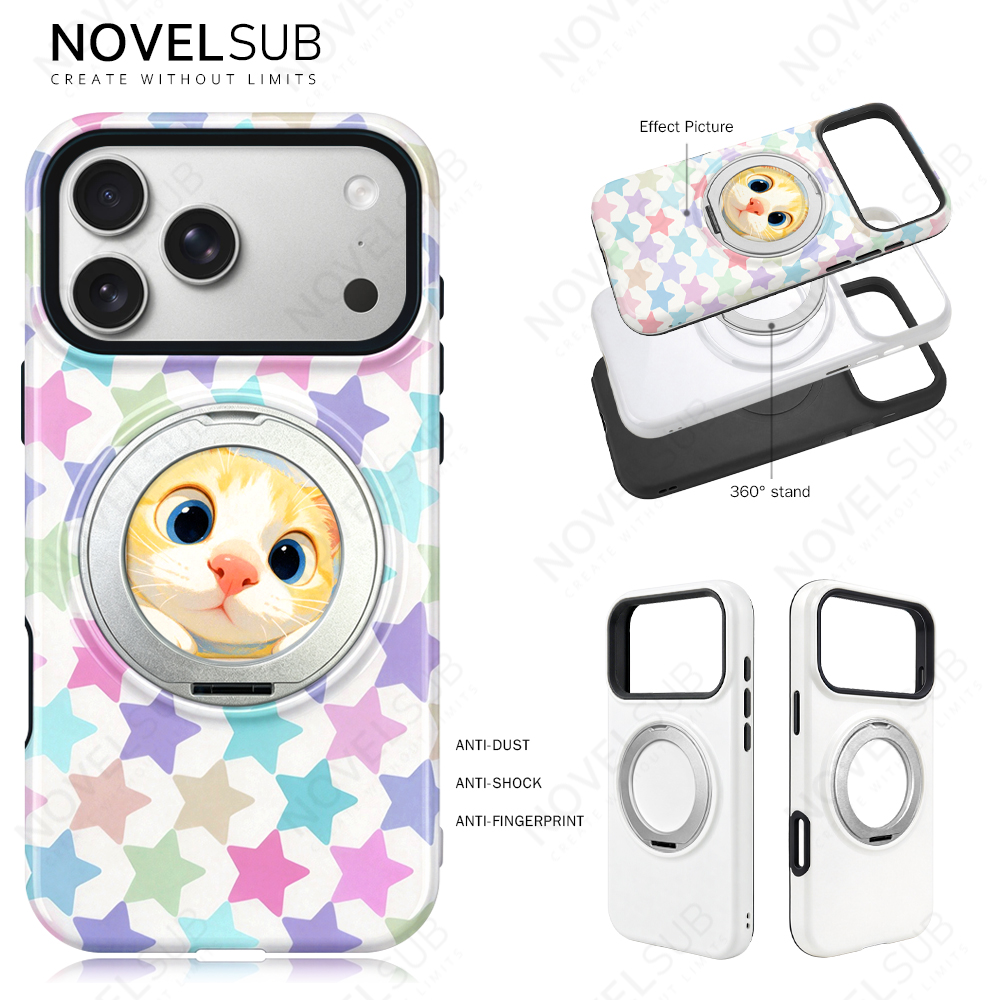 NOVELSUB Sublimation Blank 3D 2in1 Film Phone Case with Rotating Holder Custom DIY 360-degree Rotating Kickstad Phone Cover with Magnetic Ring Stand For IPhone 13-18 Series
