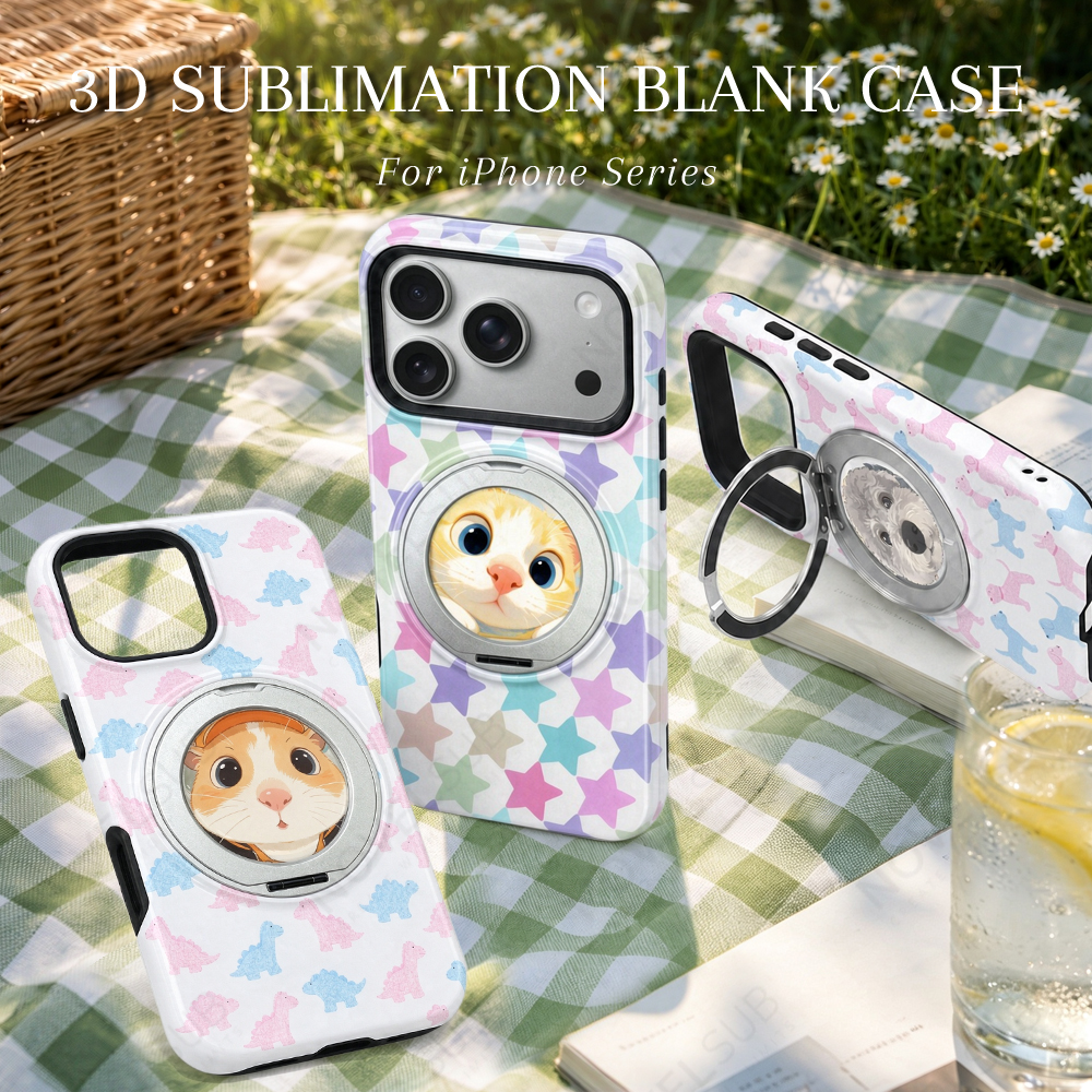 NOVELSUB Sublimation Blank 3D 2in1 Film Phone Case with Rotating Holder Custom DIY 360-degree Rotating Kickstad Phone Cover with Magnetic Ring Stand For IPhone 13-18 Series