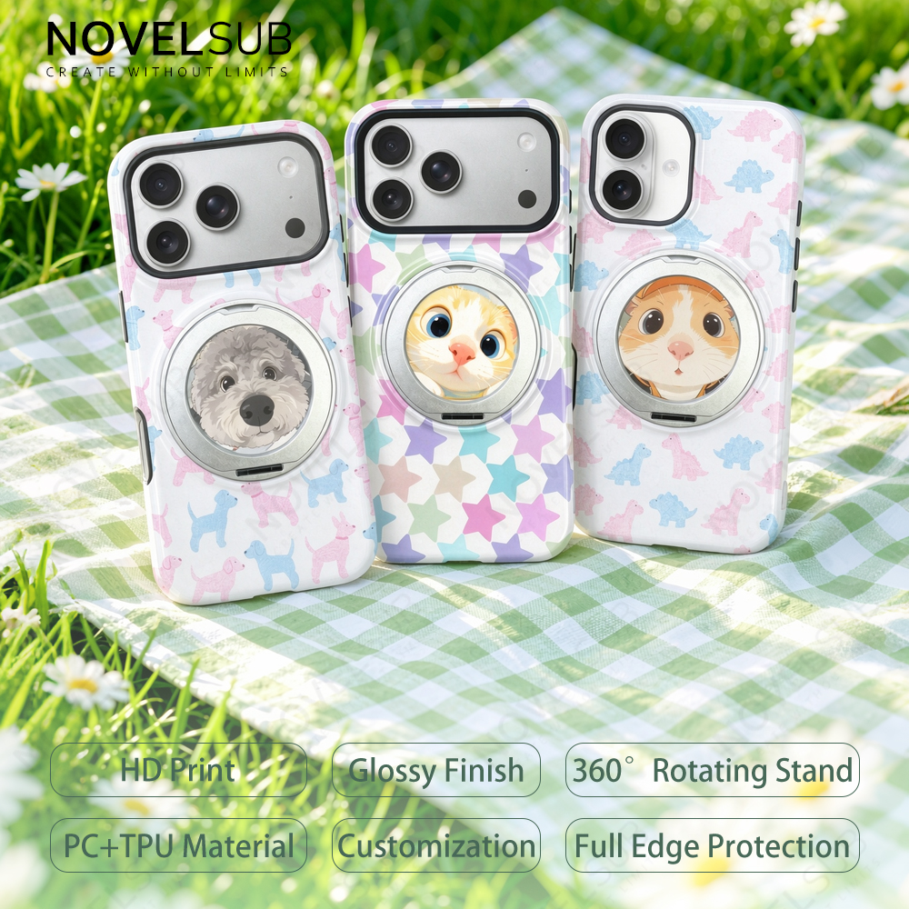 NOVELSUB Sublimation Blank 3D 2in1 Film Phone Case with Rotating Holder Custom DIY 360-degree Rotating Kickstad Phone Cover with Magnetic Ring Stand For IPhone 13-18 Series