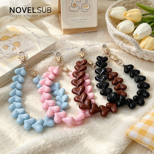 NOVELSUB Candy Color Acrylic+Metal Material Heart Bead Phone Wristlet & Phone Charm | Heart Keychain Bag Charm| 4 Colors Phone/Bag Accessory
