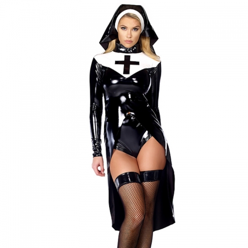 Free Shipping Sexy Leather Nun Costume