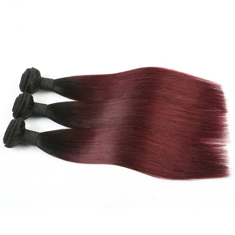 Ombre 1b/99J Peruvian Virgin Hair Straight 8A Human Hair Extensions 2 Tone Color Hair Wefts  Human Hair Bundles