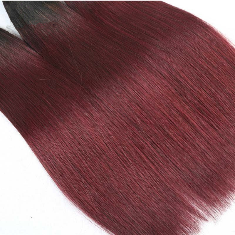 Ombre 1b/99J Peruvian Virgin Hair Straight 8A Human Hair Extensions 2 Tone Color Hair Wefts  Human Hair Bundles