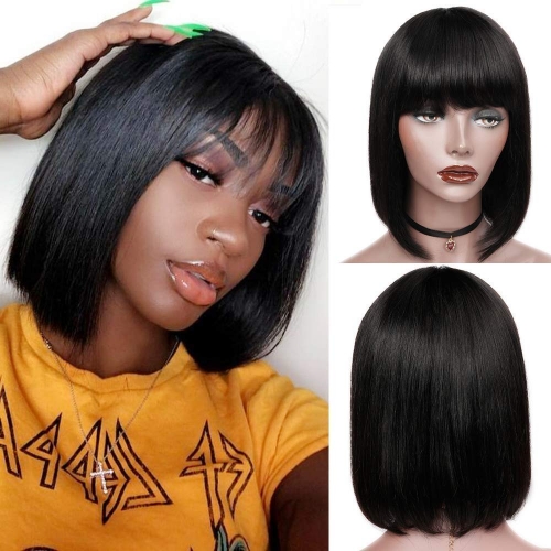 Wholesale Throw On&Go Natural Black Straight Bob Wig With Bangs 150% Density Wig
