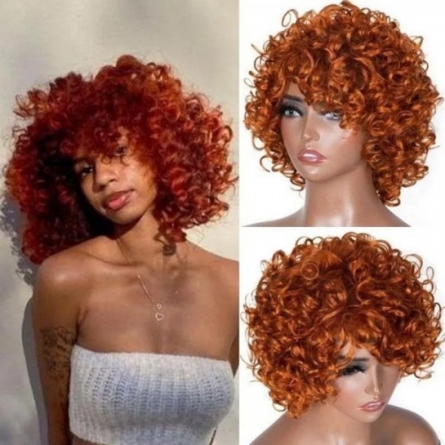 Wholesale Throw On&Go Ginger Orange Glueless Short Pix Cut Bob Wigs Bouncy Curls with Bangs