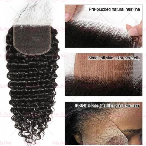 Wholesale Deep Curly Unprocessed Virgin Human Hair HD 4x4 Lace closure  Human Hair With Baby Hair For Women Natural Color,can do dropshipping