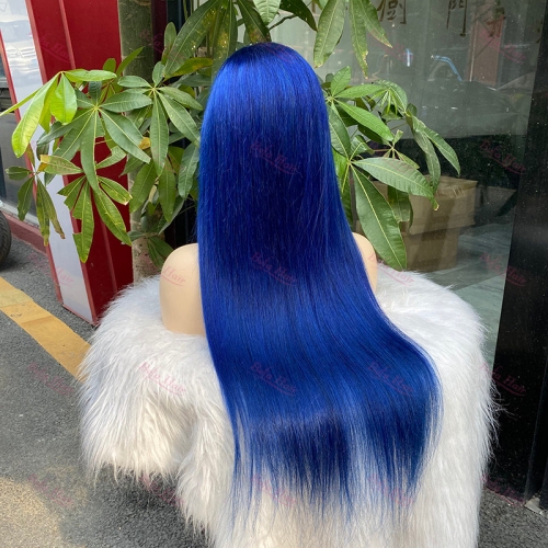 Wholesale Blue Color 13x4 Straight Lace Frontal Human Hair Wigs With Baby Hair Pre-plucked 180% Density Wigs