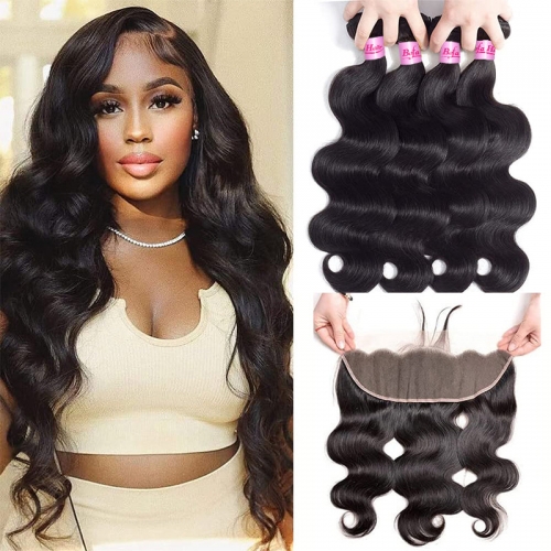 Wholesale Pre-plucked 4 Bundles Brazilian Body Wave Hair With 13x4 Lace Frontal,can do dropshipping