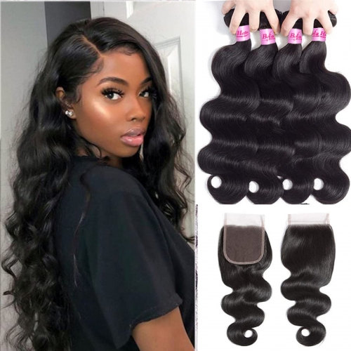 Wholesale Pre-plucked 4 Bundles Brazilian Body Wave Hair With 4x4 Lace Closure,can do dropshipping