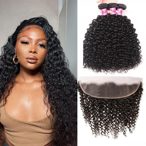 Wholesale Brazilian 13''x6'' Lace Frontal Closure With 3Bundles Jerry Curly Hair,can do dropshipping