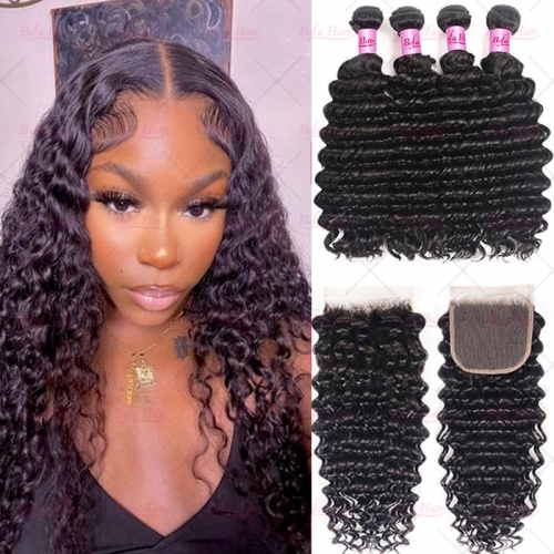 Wholesale  Pre-plucked 4 Bundles Brazilian Deep Wave Hair With HD5x5 Lace Closure,can do dropshipping