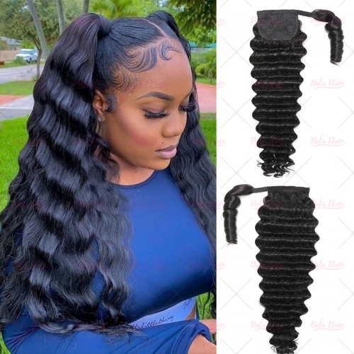 Wholesale Wrap-around Magic Velcro Deep Wave Hair Ponytail With Clip In 100% Human Hair