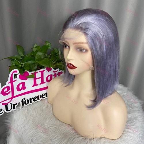 Wholesale Short Bob Wigs Gray Purple Pre-Plucked Straight 13x4 Lace Frontal Wigs Human Hair 150% Density Wig