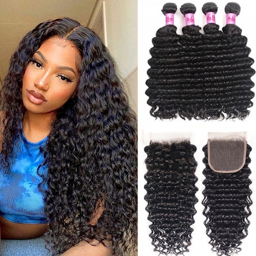 Wholesale Pre-plucked 4 Bundles Brazilian Deep Wave Hair With 5x5 Lace Closure,can do dropshipping