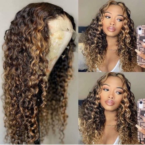 Wholesale Highlight 1B/27# 13x4 Deep Curly Lace Front Human Hair Wigs With Baby Hair Pre-plucked 180% Density Wig