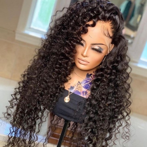Wholesale Deep Curly 13x4 Tansparent  Lace Frontal Wig Pre Plucked with Baby Hair 200% Density Virgin Glueless Hair Wigs(LFW30)