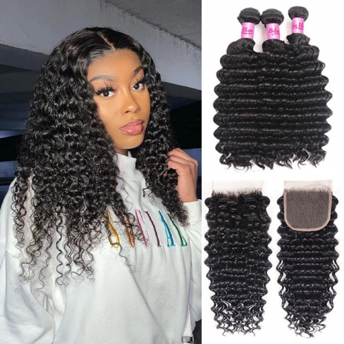 Wholesale  Pre-plucked 3 Bundles Brazilian Deep Wave Hair With HD5x5 Lace Closure,can do dropshipping