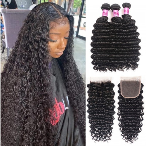 Wholesale Pre-plucked 3 Bundles Brazilian Deep Wave Hair With 4x4 Lace Closure,can do dropshipping