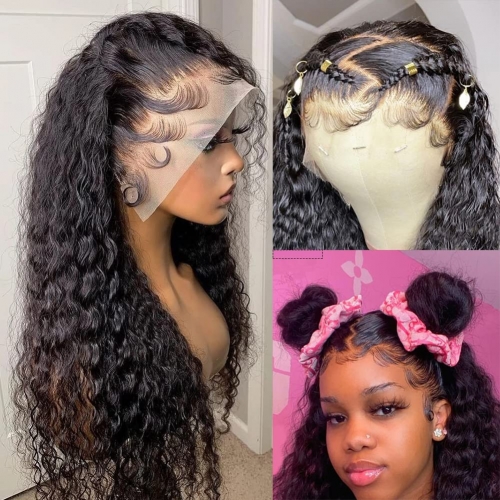 Wholesale Virgin Water Wave 13x6 Transparent Lace Frontal Wig Pre Plucked 200% Density Natural Black Virgin Human Hair Wigs(LFW30)