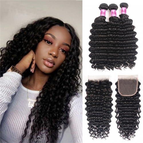 Wholesale  Pre-plucked 3 Bundles Brazilian Deep Wave Hair With 5x5 Lace Closure,can do dropshipping