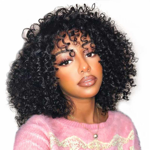 Wholesale Throw On&Go Easy Install Short Black Afro Curly Wigs with Bangs Human Hair for Women(BOB03)